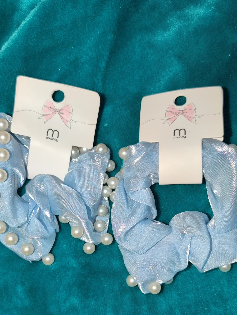 Light Blue Pearl-Trim Pair Of Scrunchies-